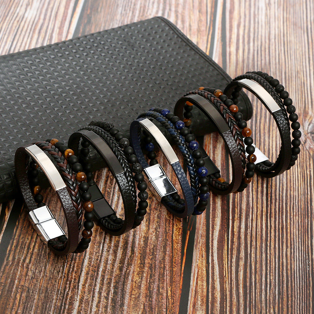Men's Stainless Steel Leather Bracelet with Magnetic Clasp